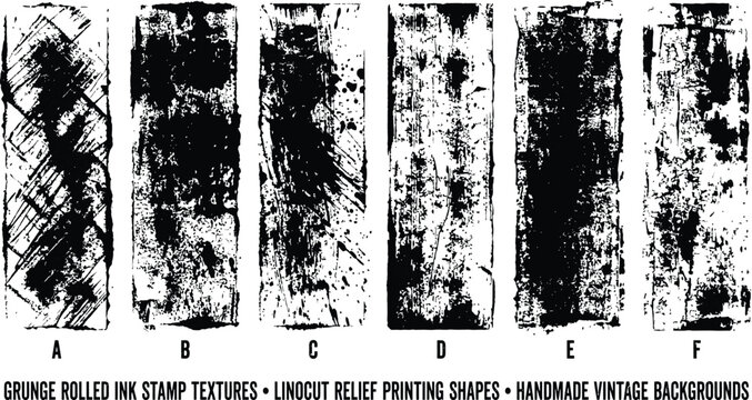 Set of six grunge rolled ink stamp textures and linocut relief printing shapes for handmade vintage backgrounds.