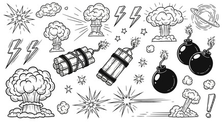 Explosion, bomb, and lightning vector icons set, black and white illustrations, 25 explosive elements © Perth