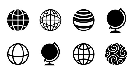 Obraz premium Globe Icons Set, World Map Symbols, Earth Graphics, Global Navigation Elements