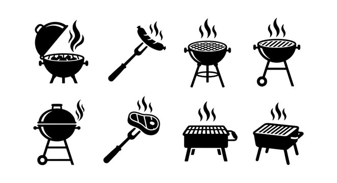 Barbecue Grill Icons Set, Food Grilling Vector Collection, Summer Cookout Graphics
