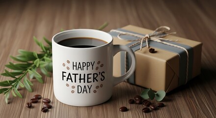 Happy fathers day coffee mug with gift and plant