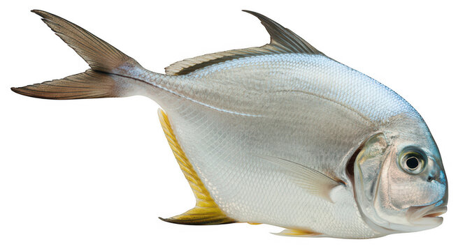 Silver pompano fish with shiny scales and yellow fins, isolated on a white background isolated on a transparent background