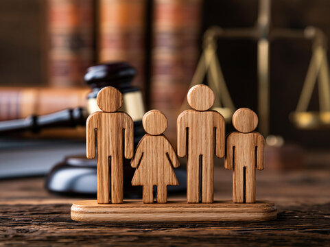 Family figures made of wood stand next to a gavel and scales of justice in a law office setting during the day