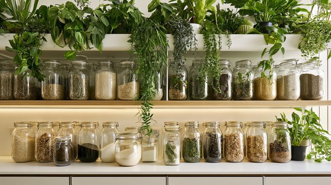 botanical aesthetic background A vibrant display of herbs and spices in glass jars on a wooden shelf, complemented by greenery elegant seamless backdrop for stationery print and contemporary interio