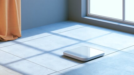 Fototapeta premium creative stock background A white bathroom scale positioned on a modern tiled floor with sunlight streaming in modern artistic texture for creative presentation banner and social media backdrop