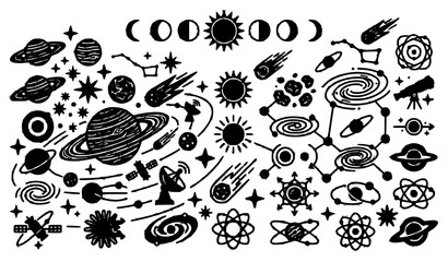 Vector set of celestial astronomy doodle icons featuring solar system planets, hand drawn moon phases, cosmic spiral galaxies, shooting star comets, space telescopes, and constellation graphic design  © Hosneara