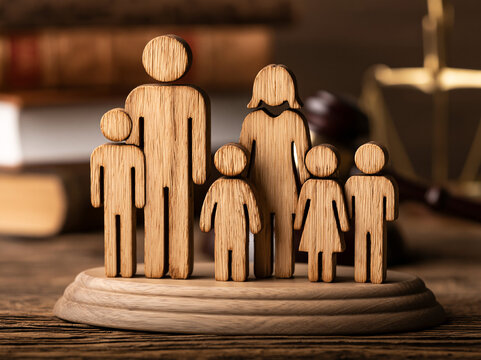 Wooden figures of a family standing together on a base with books and a gavel in the background in a law-related setting