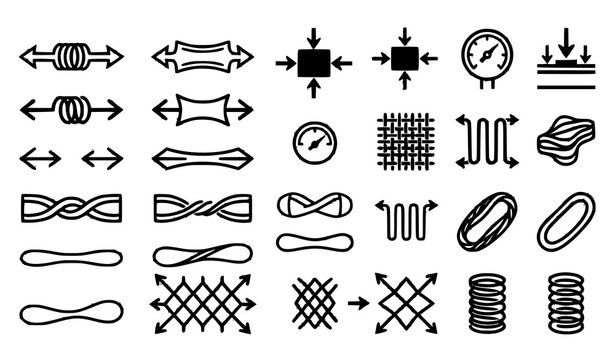 Physics and mechanical engineering property icon set showing material stress tension compression elasticity twisting pressure gauge and stretching force diagrams