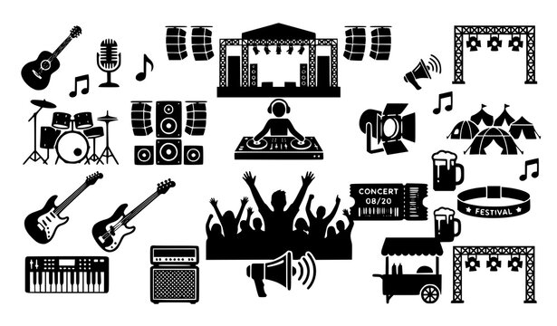 Vector set of music festival concert icons featuring black silhouette designs of live open-air stages, cheering crowds, DJ mixers, guitars, drums, sound speaker systems, stage lighting, and outdoor ev