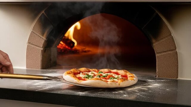 Freshly baked pizza being pulled from a wood-fired oven  