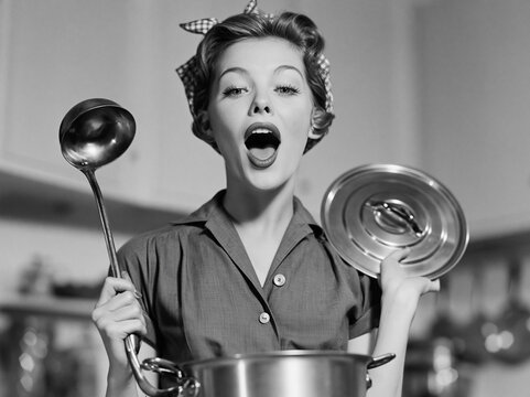 Woman cooking in kitchen holding ladle and pot lid while smiling during the day