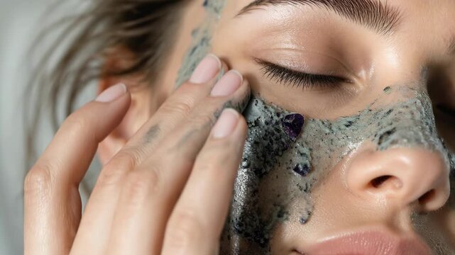 A close up shot captures a woman with her eyes closed gently massaging a texture, reflecting mindful self care practices and sensory exploration through tactile skin treatment in high quality.
