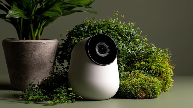 creative stock background Modern camera amidst lush greenery, blending nature with cutting-edge technology premium decorative wallpaper background for branding and luxury packaging design