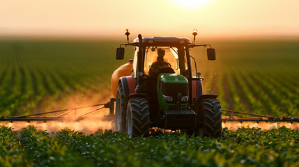 Fototapeta premium Agricultural tractor spraying crops at sunset representing modern farming, sustainable agriculture and rural food production.