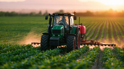 Fototapeta premium Agricultural tractor spraying crops at sunset representing modern farming, sustainable agriculture and rural food production.