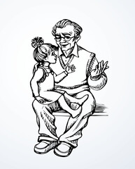 Obraz premium Vector drawing. Grandfather with his granddaughter
