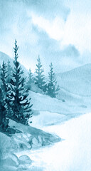 Fototapeta premium Watercolor landscape. Stream in a valley.