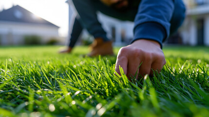 Fototapeta premium Person touching vibrant green lawn in residential backyard creating natural wellness and outdoor lifestyle concept.
