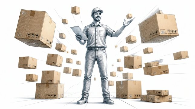 A Focused Logistics Worker Guiding Parcels In A Cinematic Widescreen View, Representing Dynamic Energy And Professional Delivery Efficiency With High Resolution CGI Detail For Modern Business Needs.