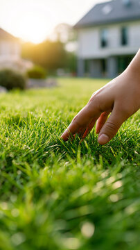Hand touching fresh green lawn near modern house symbolizing nature, home comfort, sustainability and outdoor lifestyle.