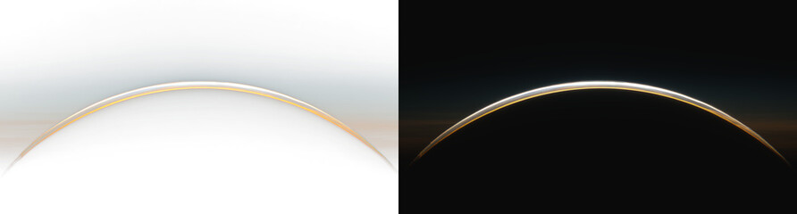Realistic cosmic planet horizon set, atmospheric glowing golden arc light and cinematic sun rise curve on contrast backgrounds © Maxim
