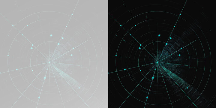 Modern sci-fi radar screen, atmospheric cyber hud target interface and digital sonar grid on grey and black background
