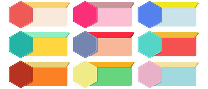 Set of 9 colorful hexagonal infographic banners for business presentations, flat illustration of text boxes with copy space and header bars for web UI and graphic design