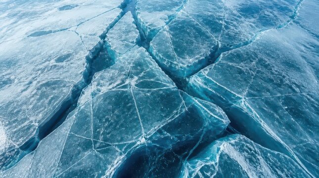 Intricate patterns of a frozen mountain lake captured in high resolution, displaying deep glacial cracks and crystalline textures across a wide cinematic landscape that evokes a cold winter atmosphere