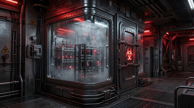 Futuristic industrial hallway featuring glowing red machinery and biohazard symbol on metal wall