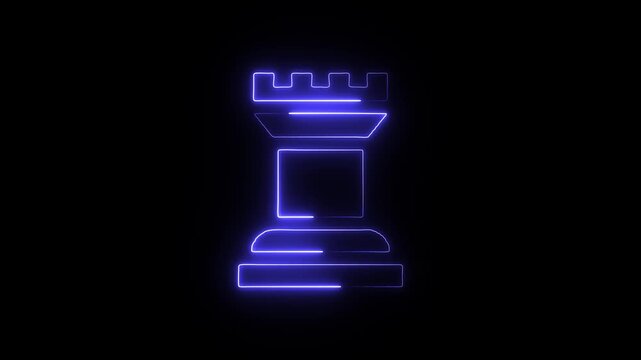 Blue neon chess rook icon glowing on black background representing strategy defense and strategic power