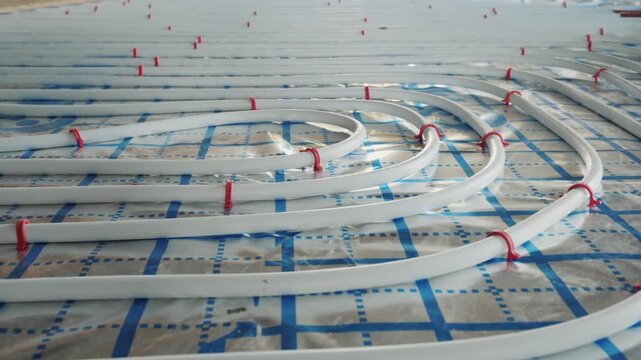 Underfloor heating pipes installed in rows on insulation material for radiant floor heating system.