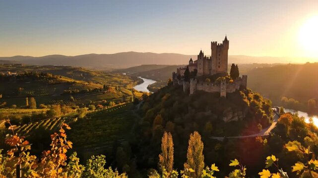 Scenic aerial view of Soave Castle in Italy with golden sunrise light over the river and landscape.