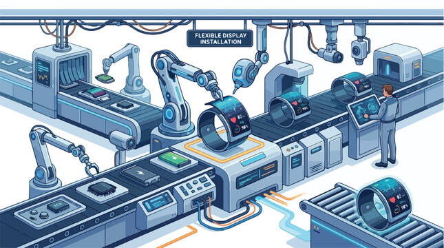 Robotic assembly line in automated factory.