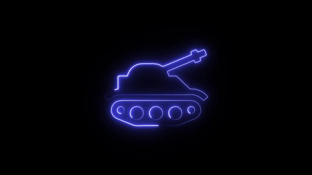 Military tank neon icon with glowing blue outline and armored vehicle design for war and defense strategy visuals