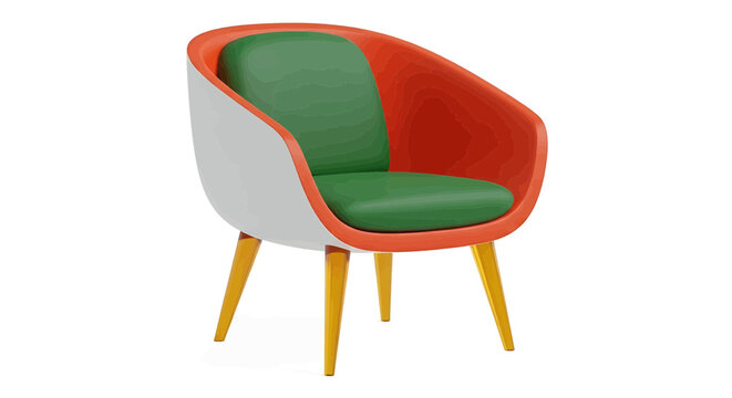 A colorful chair with green seat and backrest, orange and white shell, and yellow legs