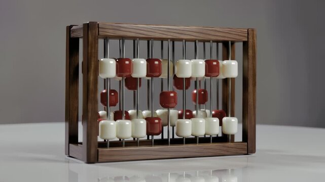 Vintage wooden abacus with red and white beads used for calculation and arithmetic on a neutral background