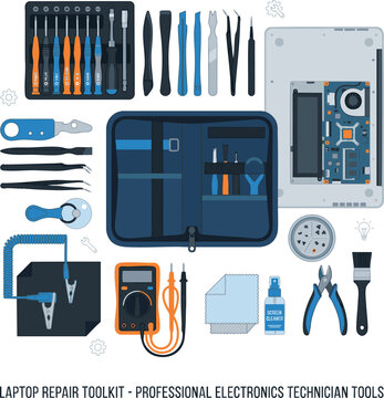 Professional electronics repair toolkit flat lay illustration for laptop and device maintenance