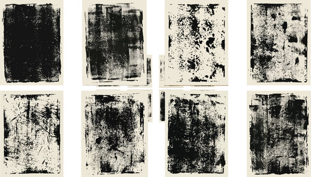 Set of eight diverse grunge textures for backgrounds with brayer roll effects and distressed paint marks.