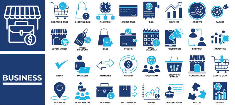 Business icon set collection. Containing transfer, arrows, profit, audience, report, goal, manager .Solid vector icons collection
