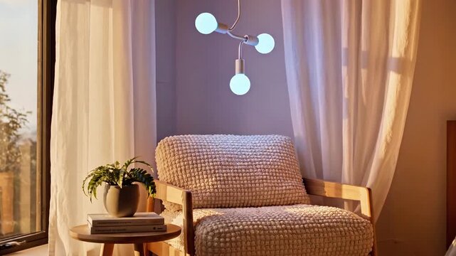 A cozy bedroom interior with a chair by the window, a side table, and a modern light fixture