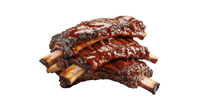 Stack of succulent pork ribs glazed with thick barbecue sauce isolated on a transparent background