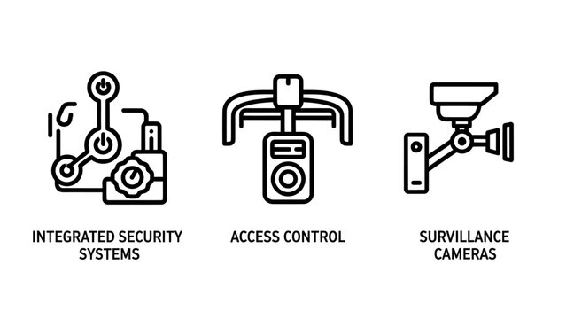 Security system icons: integrated security access control surveillance cameras with security integrated surveillance monitoring protection illustration technology business building electronic