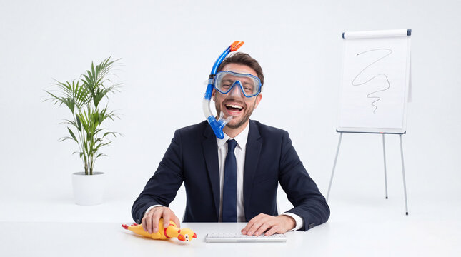 happy businessmann in a suit wearing a snorkel and diving mask, ready for vacation and work life balance concept