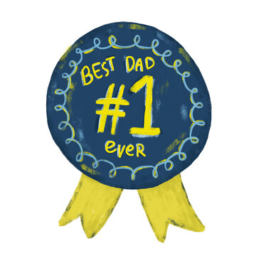 Cute handdrawn watercolor crayon blue yellow doodle best daddy number one ever happy world fathers dad day text word quotes doodle badge pin with ribbon bow element sticker illustration design