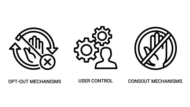Opt-out mechanisms user control consent mechanisms icons with data protection user interface stop sign x mark white background user experience control panel mechanisms settings preferences