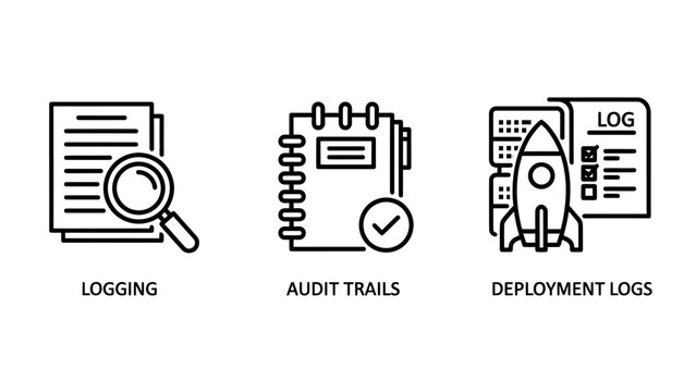 Logging audit trails deployment logs icons with magnifying glass deployment document notebook checklist checkmark computer database monitoring analysis tracking information technology