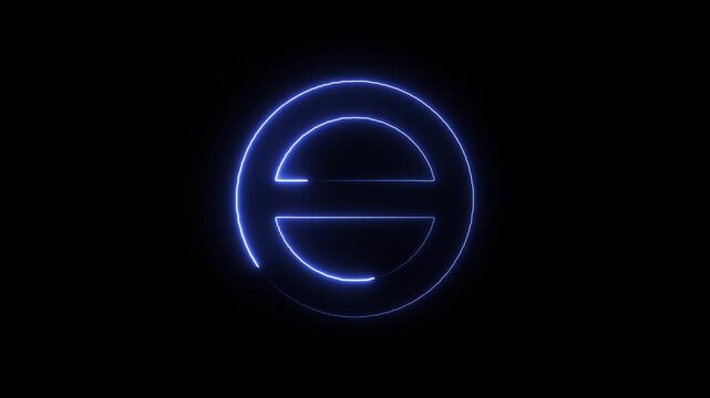 Blue neon circle with horizontal line on black a luminous with a single bisecting it, set against background