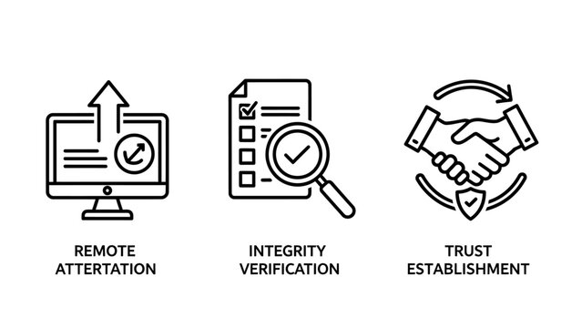 Remote attestation integrity verification trust establishment icons with magnifying glass attestation verification integrity establishment security document certificate handshake agreement