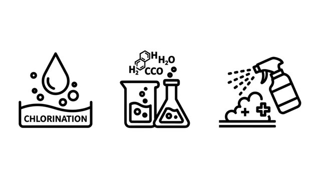 Chemical process and cleaning icons with chlorination laboratory glassware spray bottle disinfection water treatment anti bacterial black and white chlorination chemicals laboratory