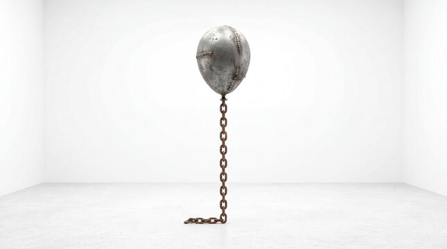 concrete balloon attached to a heavy iron chain, surreal concept of burden, limitations and heavy thoughts